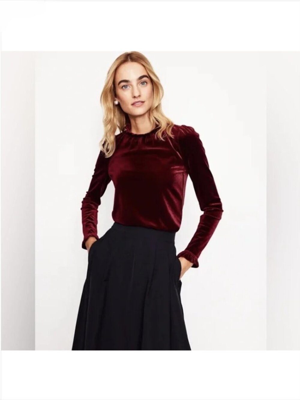 Boden Womens Velvet Frill Neck Top 16-18 Red Party Christmas Holiday Long Sleeve